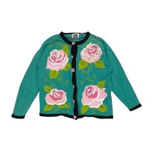 Storybook Knits Green Cardigan with Pink Floral Design